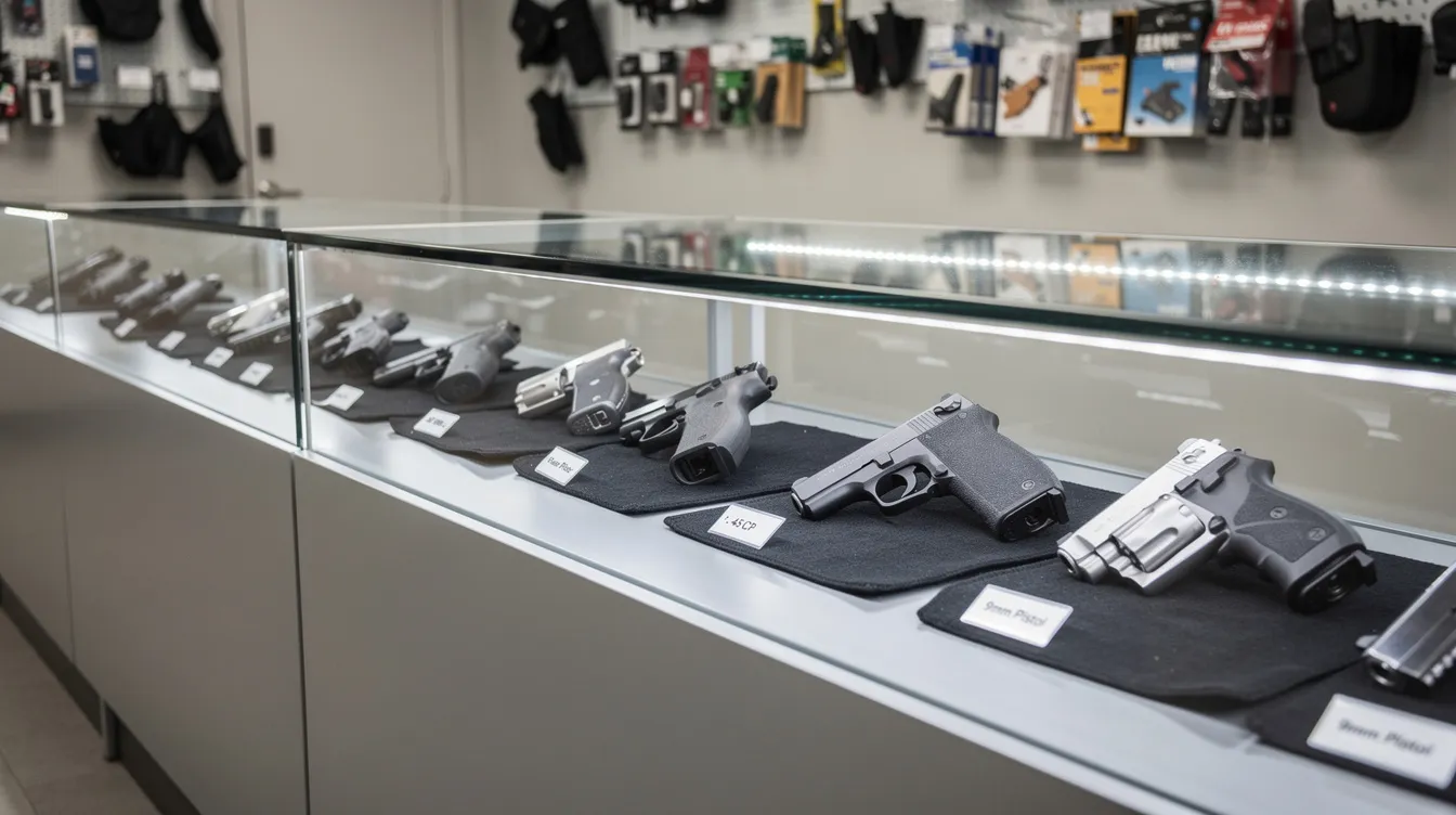 The image shows a gun store counter featuring glass display cases filled with various handguns, highlighting the options available for gun owners in compliance with Minnesota gun laws. The setting reflects a focus on safe use and responsible ownership, with handguns prominently displayed for potential buyers.