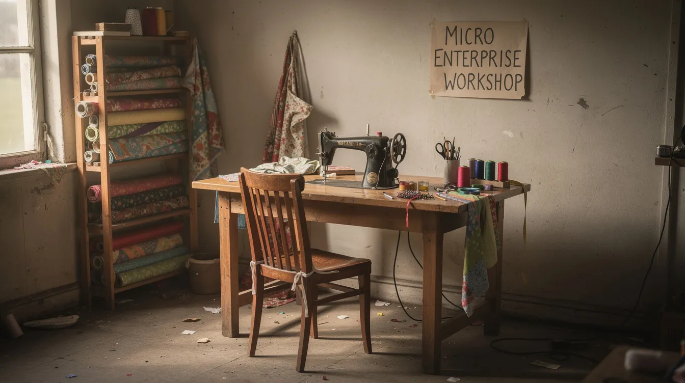 fa3e05c6 00c6 45e6 b8f3 5dd73bf73f3f The image depicts a small workshop featuring a sewing machine and rolls of fabric, symbolizing a micro enterprise that could benefit from financial support through mudra loans. This setup highlights the potential for income-generating activities and employment creation within the micro and small enterprises sector in India.