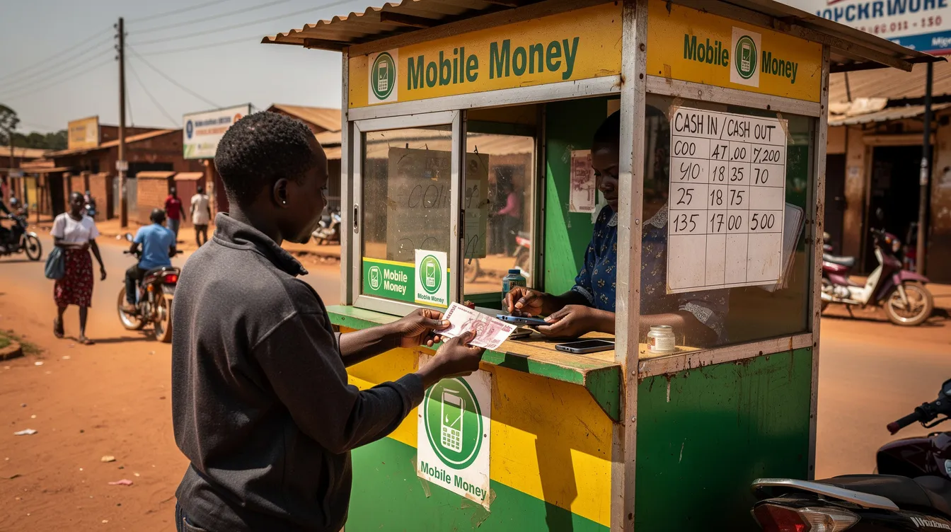 A person is standing at a mobile money agent kiosk in Uganda, exchanging cash for digital financial services. This scene reflects the convenience of Uganda's mobile money market, where many Ugandans rely on services like MTN Mobile Money and Airtel Money for their transactions.