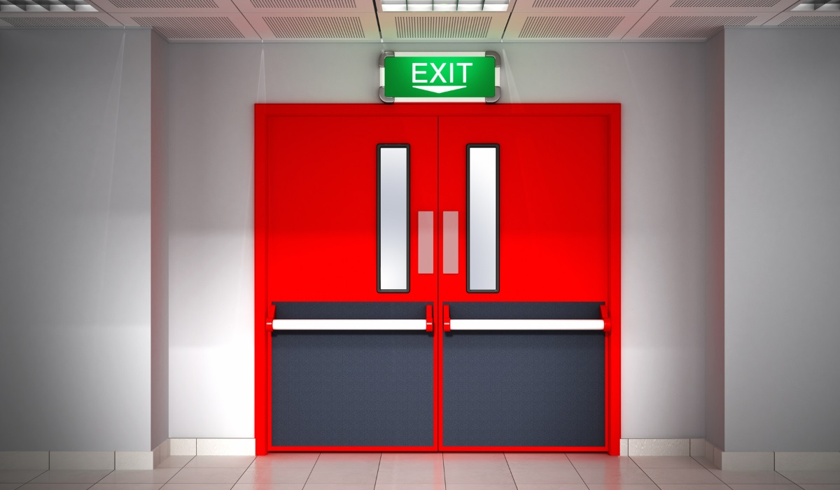 Install fire doors - double fire doors  with exit sign 