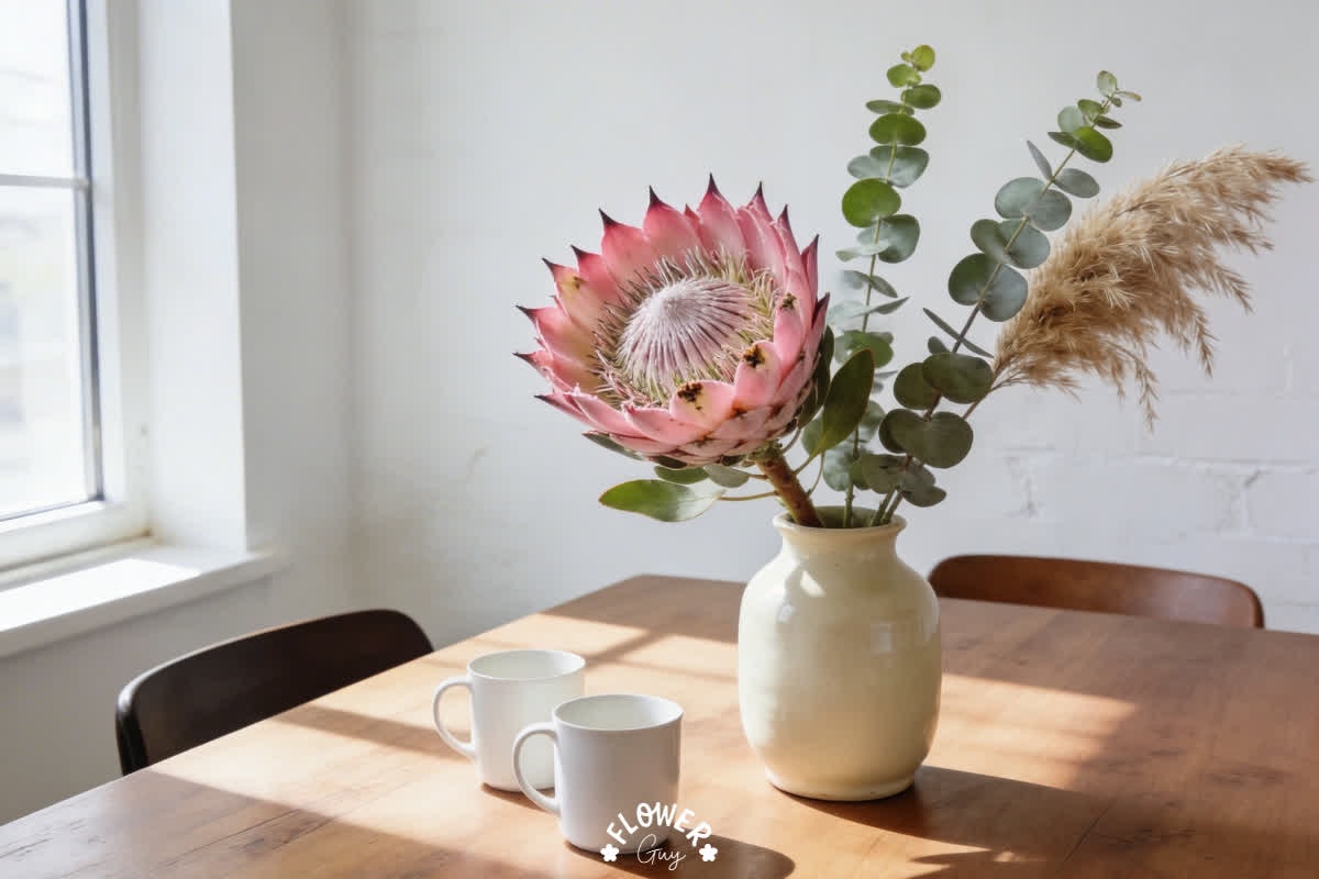 King protea bouquet with eucalyptus in ceramic vase, proudly South African Mother's Day gift idea from Flower Guy