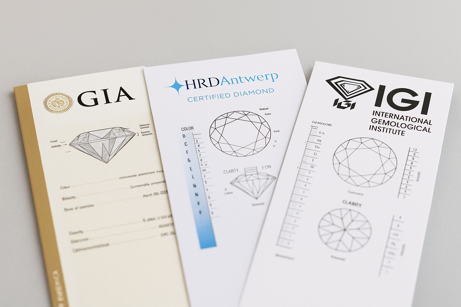 GIA, HRD ir IGI deimantų sertifikatai – spalvos ir švarumo skalės, brėžiniai su inkliuzais ir oficialūs logotipai