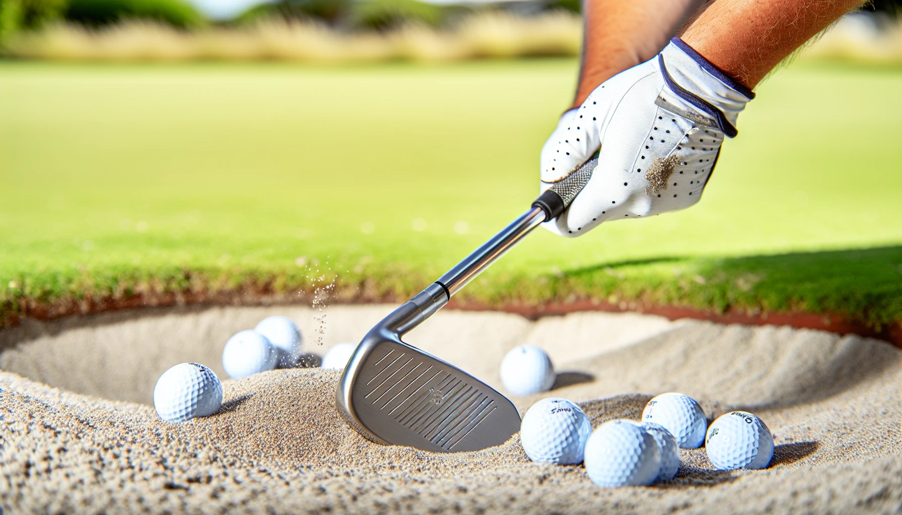 A sand wedge lying in a bunker with golf balls around