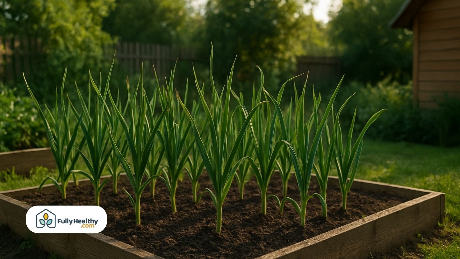 Raised bed garden filled with healthy garlic plants in summer
