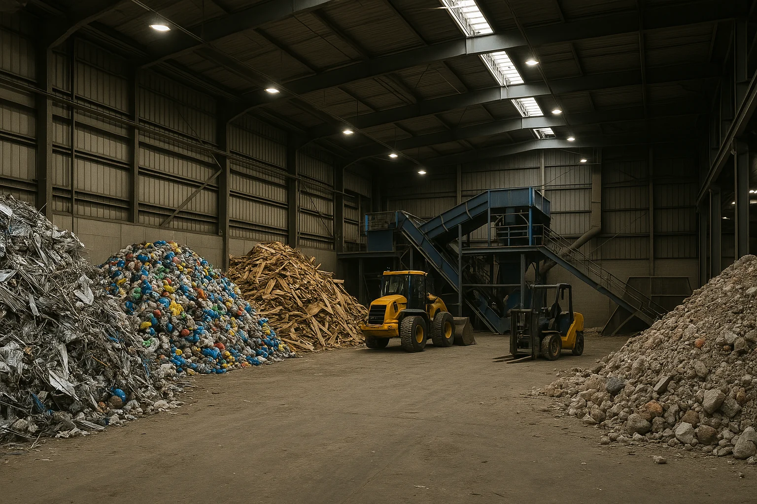 Inside a waste transfer station showing sorted piles of wood, metal, and plastic ready for recycling in an industrial setting.