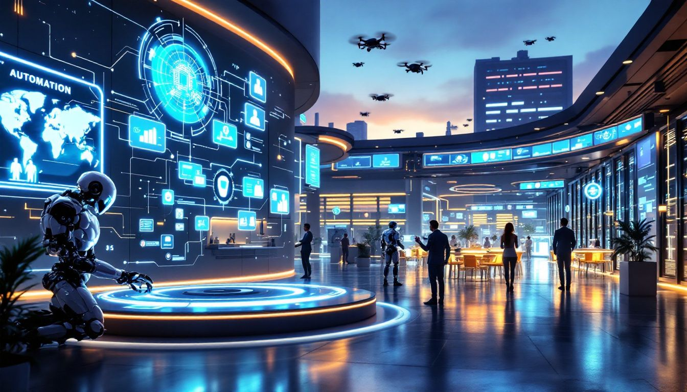 Eine dynamische Darstellung der Automatisierung repetitiver Aufgaben durch KI-Lösungen, die verschiedene automatisierte Arbeitsabläufe zeigt.