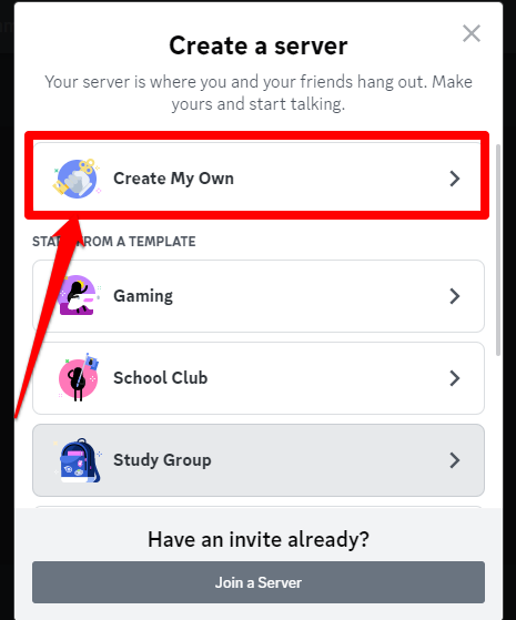 Image showing the create a server page on Discord