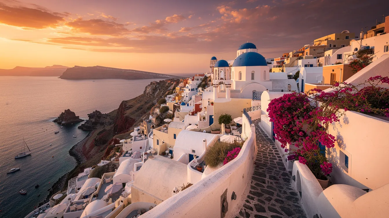A imagem retrata a bela ilha de Santorini, na Grécia, com suas casas brancas e telhados azuis, à beira do mar Egeu. O cenário é perfeito para viajantes que buscam um destino de aventura e cultura, com vistas deslumbrantes e a história rica da região.