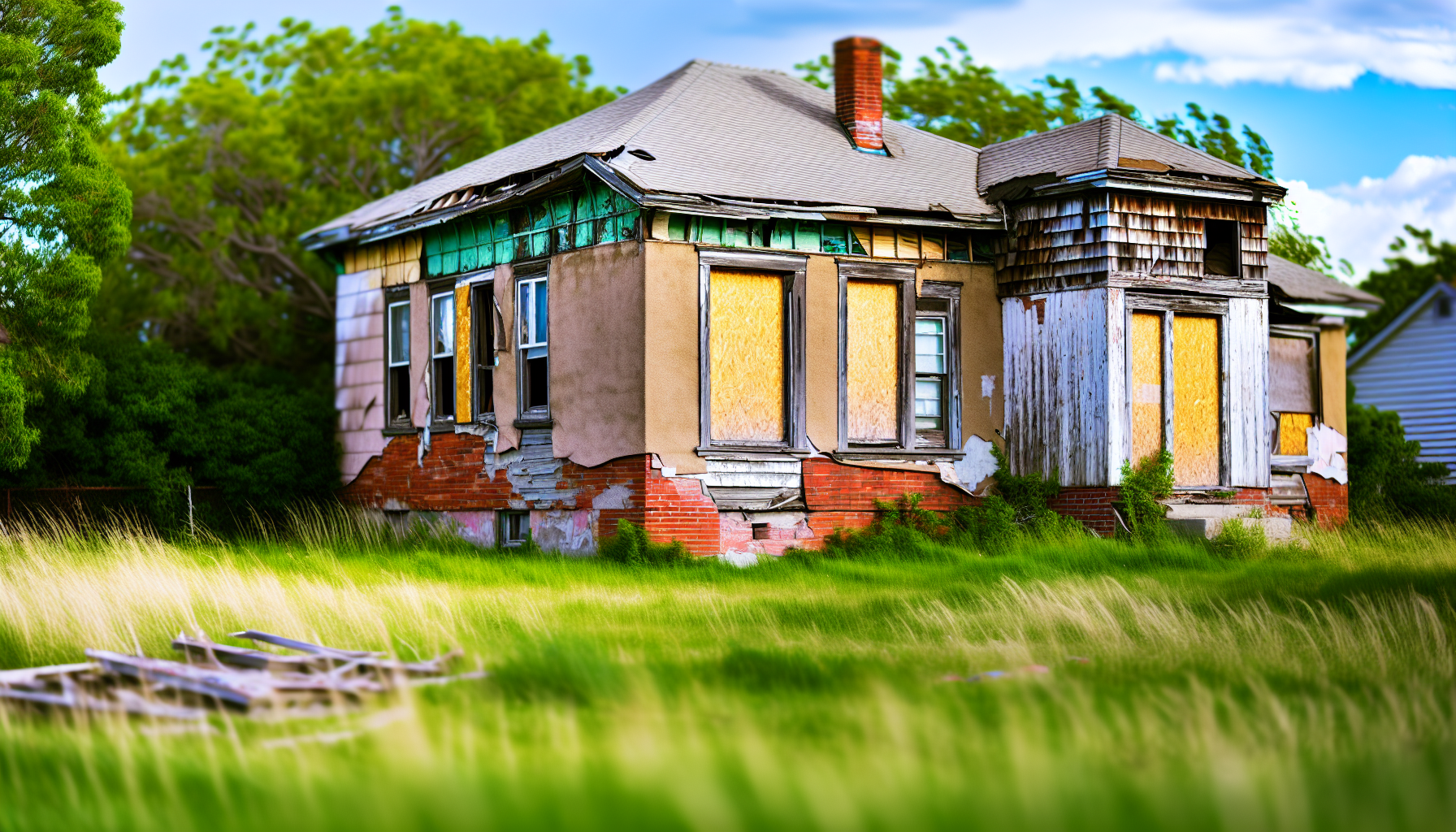 Abandoned and distressed house with boarded-up windows and overgrown yard