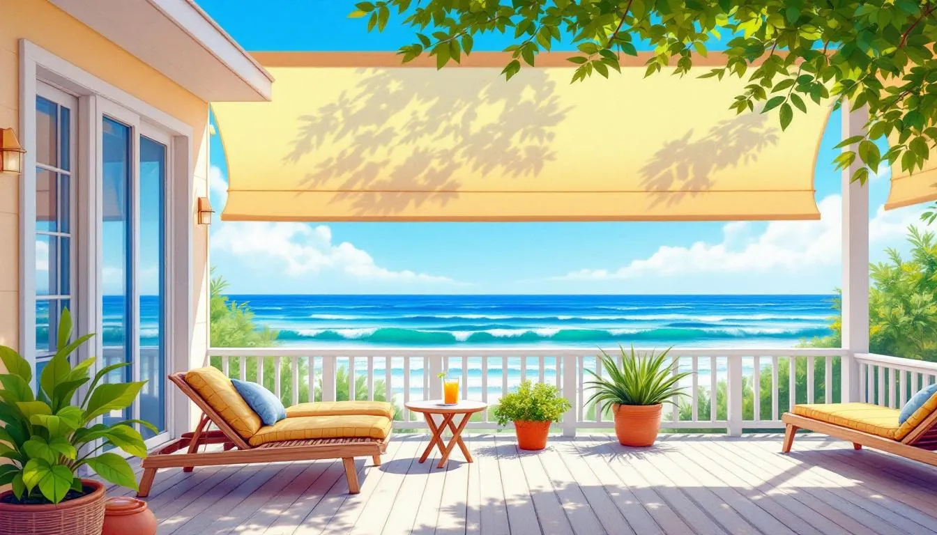 A sunny outdoor space with summer exterior shades providing shade and comfort.