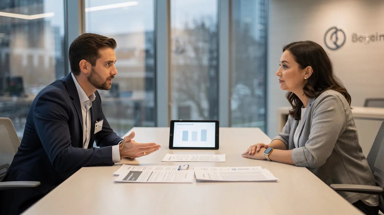 fa4a8f53 8c1f 423d 9cbd 234533400341 The image depicts two individuals engaged in a calm conversation at a modern bank branch, with various financial documents spread out between them. They appear to be discussing financial products, possibly exploring investment options and mutual funds, highlighting the importance of customer needs and effective cross selling strategies in India's financial sector.