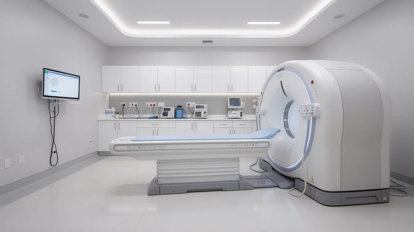 fa4ac463 89ab 4276 b2c6 51e031214af5 The image shows a clean and organized medical imaging room featuring a CT scanner and a patient bed, typical of a diagnostic centre. This environment is designed for medical testing and diagnostics, ensuring patient comfort and safety during imaging procedures.