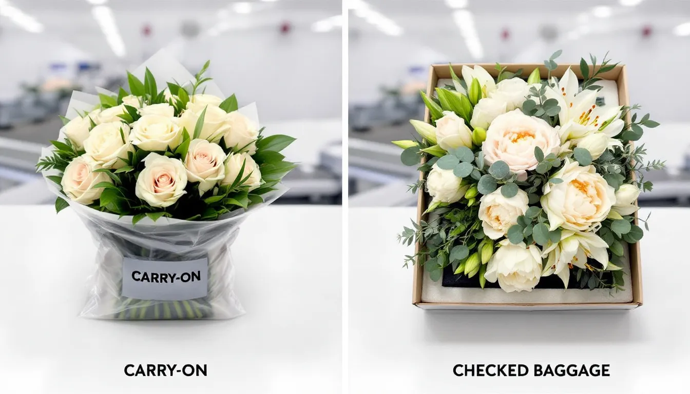 In the image, a side-by-side comparison shows two flower arrangements: one neatly packed for carry-on luggage, wrapped in damp paper towels and plastic wrap, and the other placed in checked baggage, surrounded by cushioning materials. This visual highlights the different methods of carrying fresh cut flowers for air travel, emphasizing the importance of airline policies and security regulations.