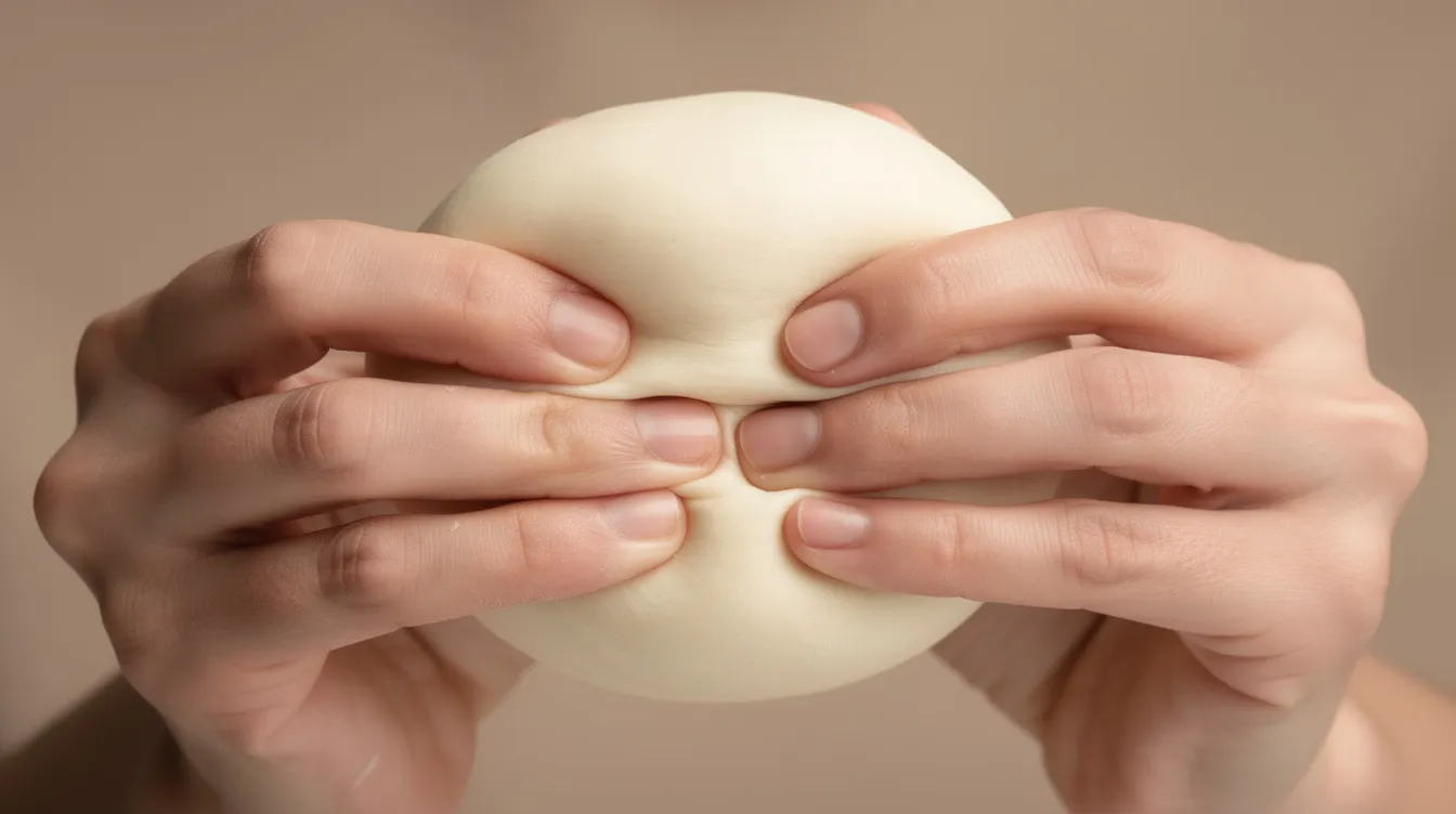The image shows a close-up of hands gently stretching a soft round object outward from its center, illustrating a pulling technique that could be related to nipple stimulation methods for inverted nipples. This technique may be used to encourage nipple protrusion, aiding breastfeeding mothers in achieving a better latch for their babies.