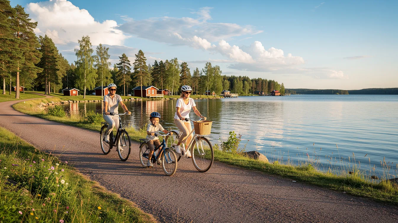 A Swedish family is joyfully cycling together along a picturesque lakeside path on a sunny summer day, surrounded by lush greenery and the serene water. This scene reflects the active lifestyle and strong work-life balance that many enjoy while living in Sweden, where outdoor activities are a cherished part of daily life.