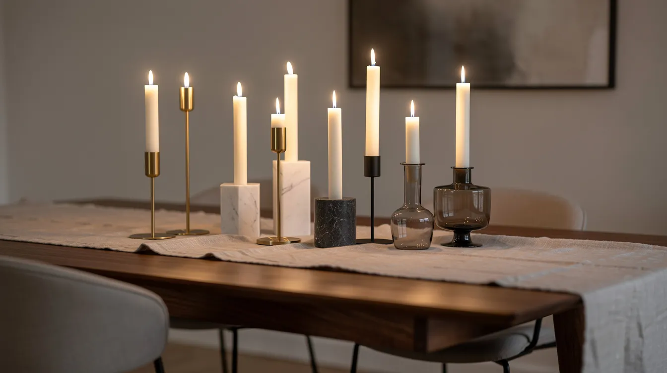 Ett elegant matbord pryds av ljusstakar i olika höjder och material, som skapar en vacker stämning med levande ljus. Ljusstakarna kombinerar klassisk design med moderna inslag, vilket ger rummet en stilren känsla.