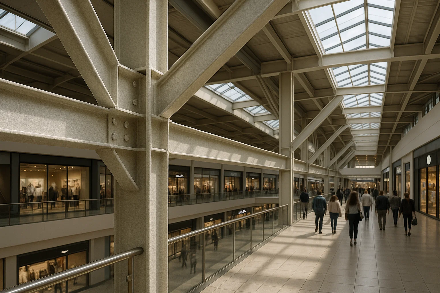 Intumescent paint applied to exposed steel beams in a shopping centre.