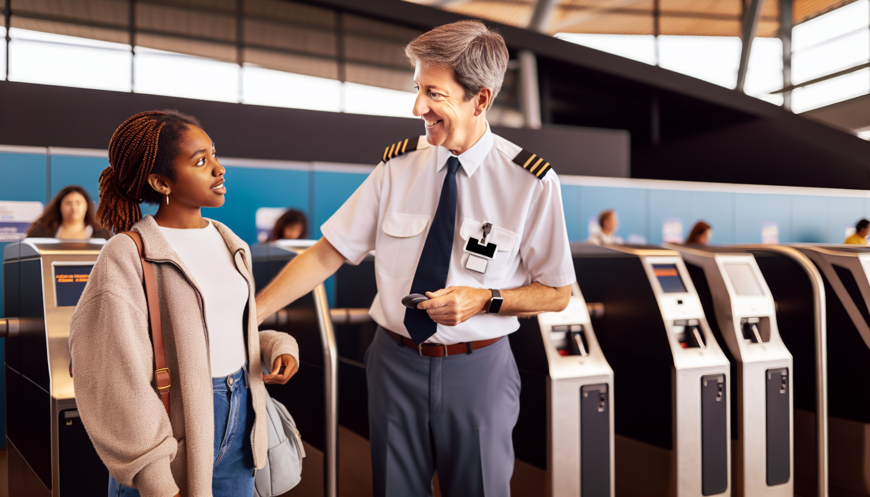 Ticket agent assisting a traveler at the fare gates