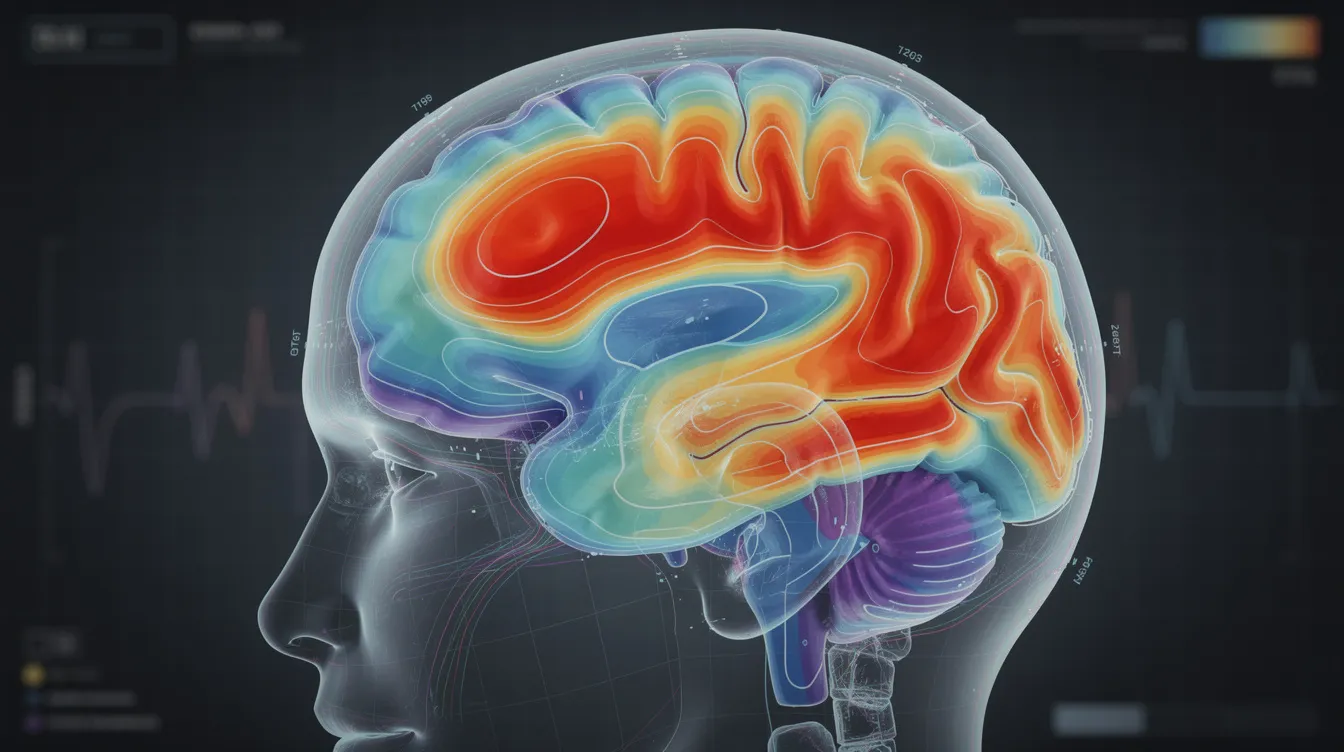 The image depicts a vibrant topographic map illustrating brain wave activity, with blue and red areas highlighting different regions of the head. This representation is essential for understanding brain function and is often used in neurofeedback therapy to assess brainwave patterns related to mental health conditions such as anxiety disorders and ADHD.