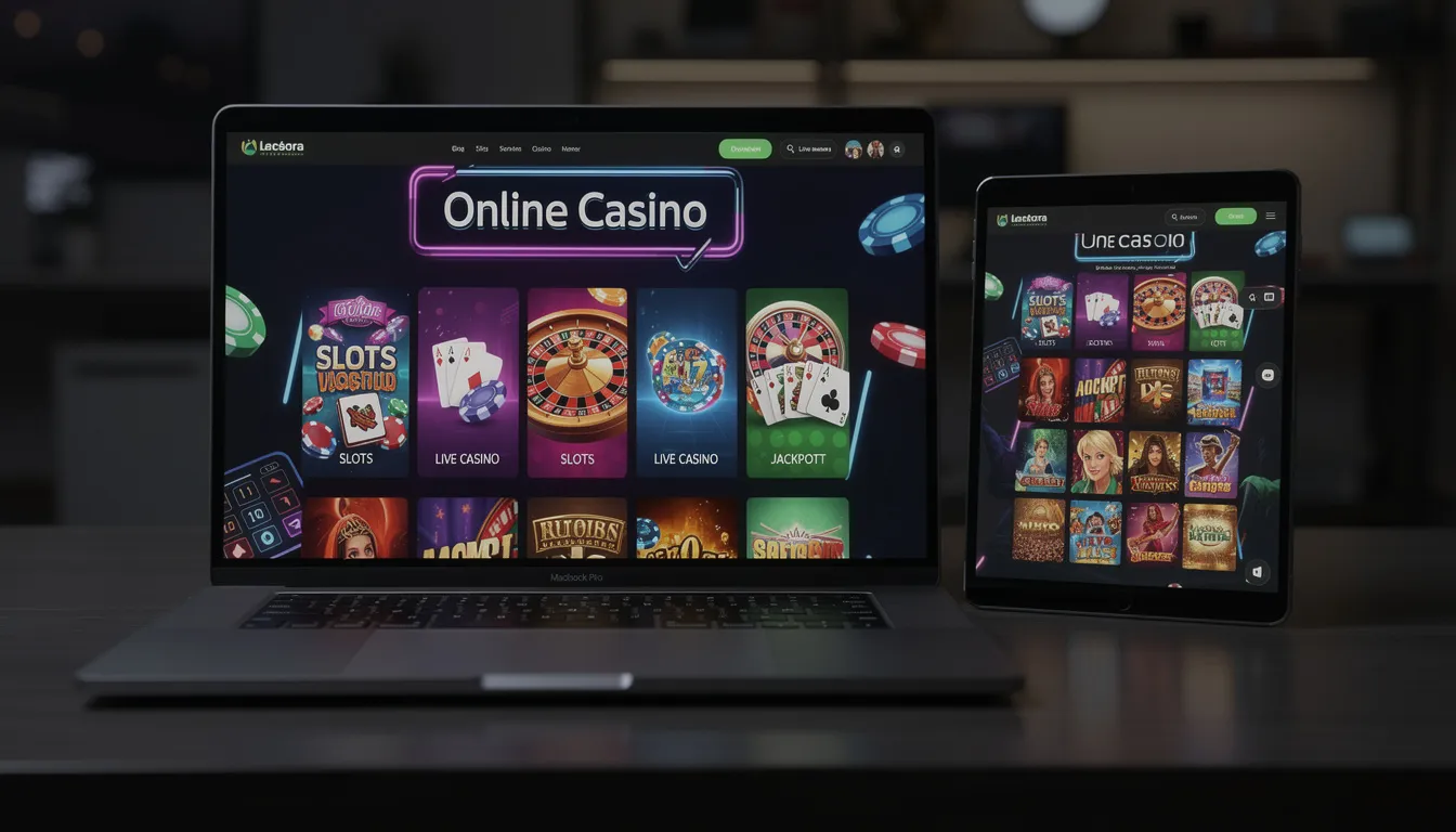 En laptop och en surfplatta visas med en mörk temabakgrund som representerar ett online casino, där färgglada spelbilder från olika slots, inklusive "Book of Dead", syns. Casinot erbjuder ett stort utbud av spel och bonusar, inklusive 40 free spins för nya spelare hos Spinlovers.