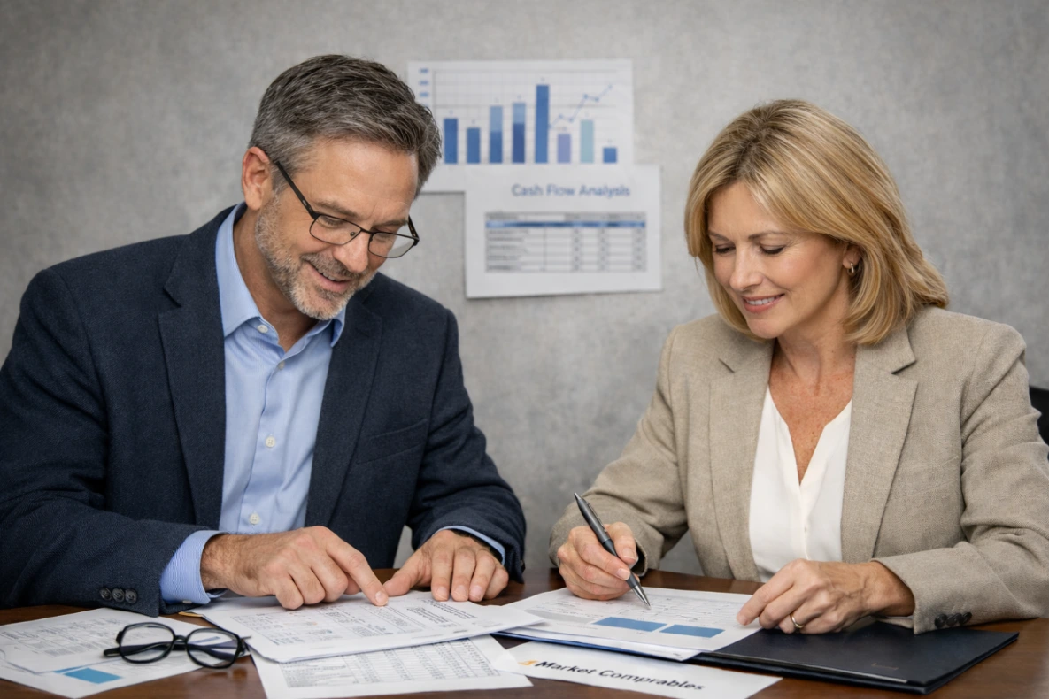 Two professionals review financial documents together, discussing analysis and assumptions as they offer valuation services to support pricing, negotiation, and informed decision-making.