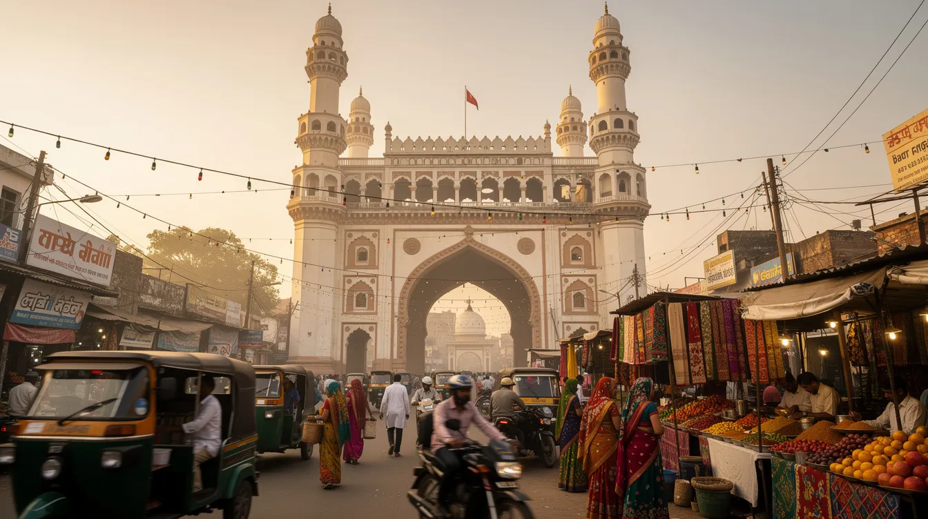 The image shows the iconic Charminar monument in Hyderabad, surrounded by a bustling street market filled with vendors and shoppers. The vibrant atmosphere highlights the intersection of historical architecture and daily life, reflecting the dynamic culture of the city.