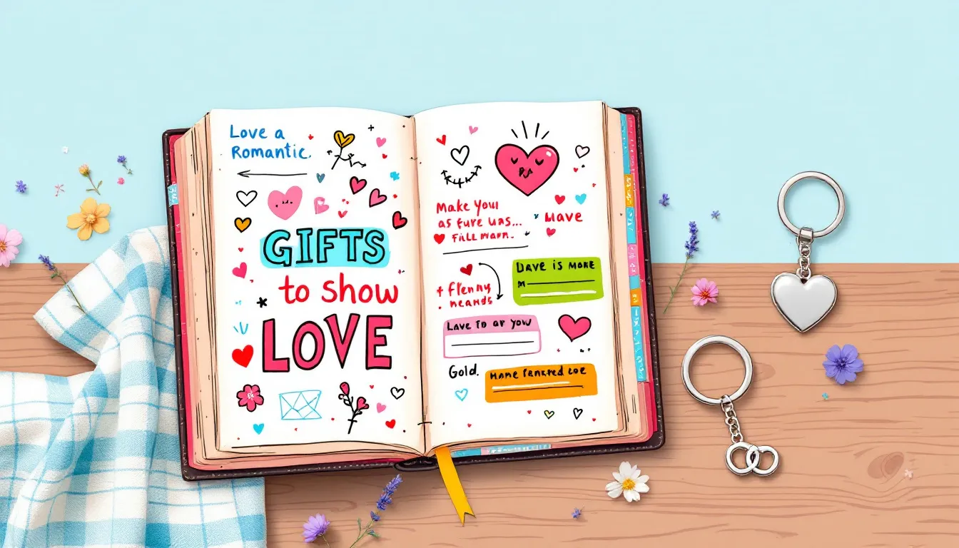 Romantic gifts to show your love, including a scrapbook and a keychain, perfect for your boyfriend.
