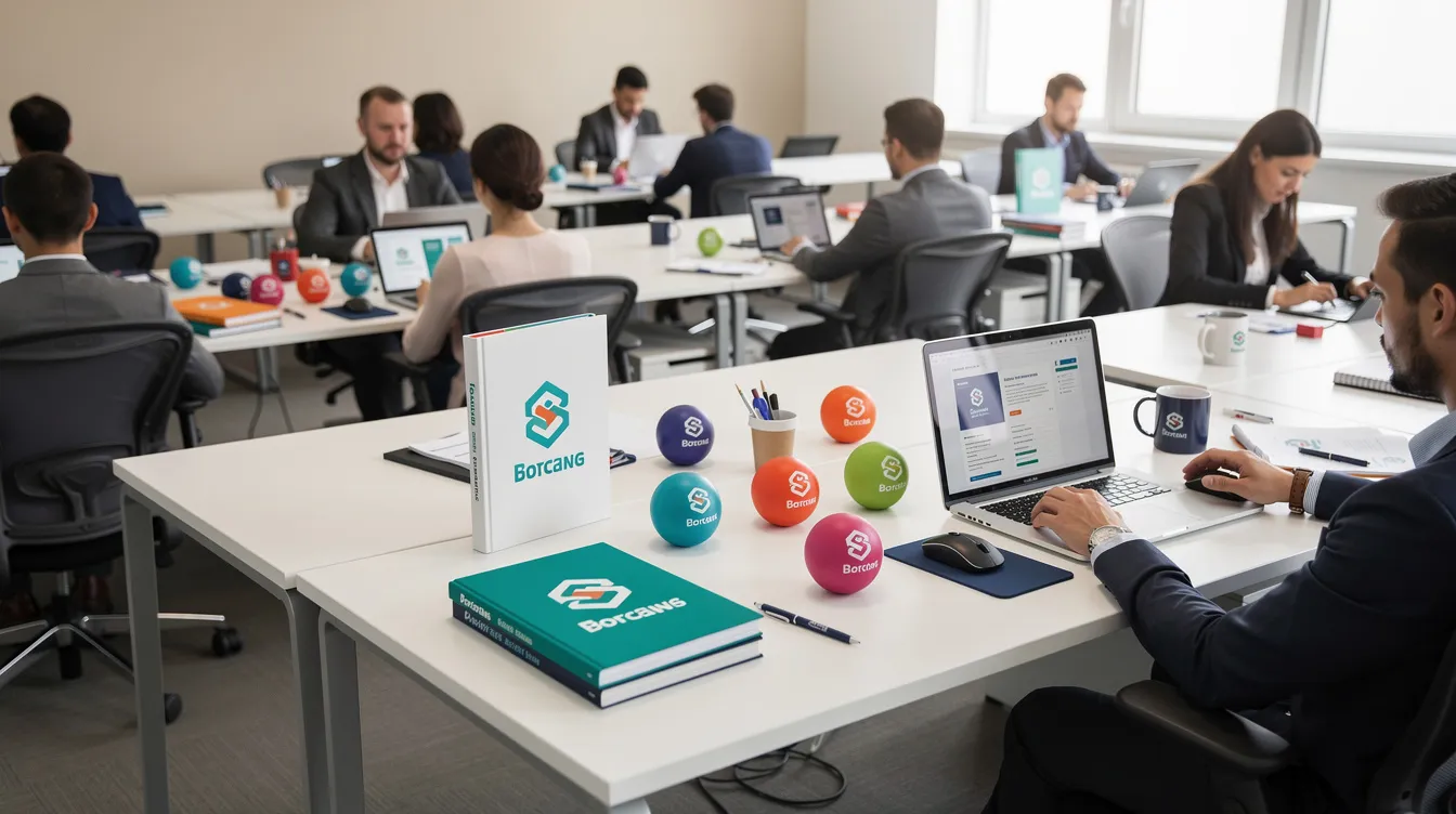 The image shows office workers sitting at their desks, surrounded by branded promotional items such as colorful squishy stress balls and notebooks, which serve as effective stress relievers and tools for managing anxiety in a busy office environment. These stress toys promote relaxation and help improve concentration while providing a fun way to release tension during work hours.