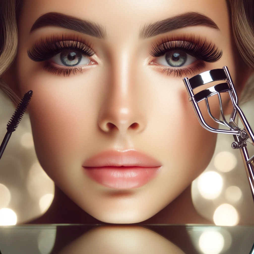 beautiful woman with pretty eyelashes, using a shiny steel eyelash curler. Her face is framed by perfectly curled and mascara-coated lashes, reflecting a bright, soft-glowing vanity mirror. The soft focus background emphasizes her features, creating an elegant and luxurious atmosphere.