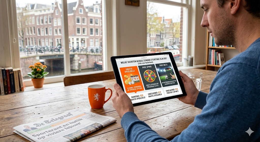 Speler vergelijkt verschillende soorten casino bonus zonder storting op tablet – overzicht van gratis bonus, free spins en free bets bij legale Nederlandse casino’s met informatie over no deposit bonus voorwaarden en bonus claimen.