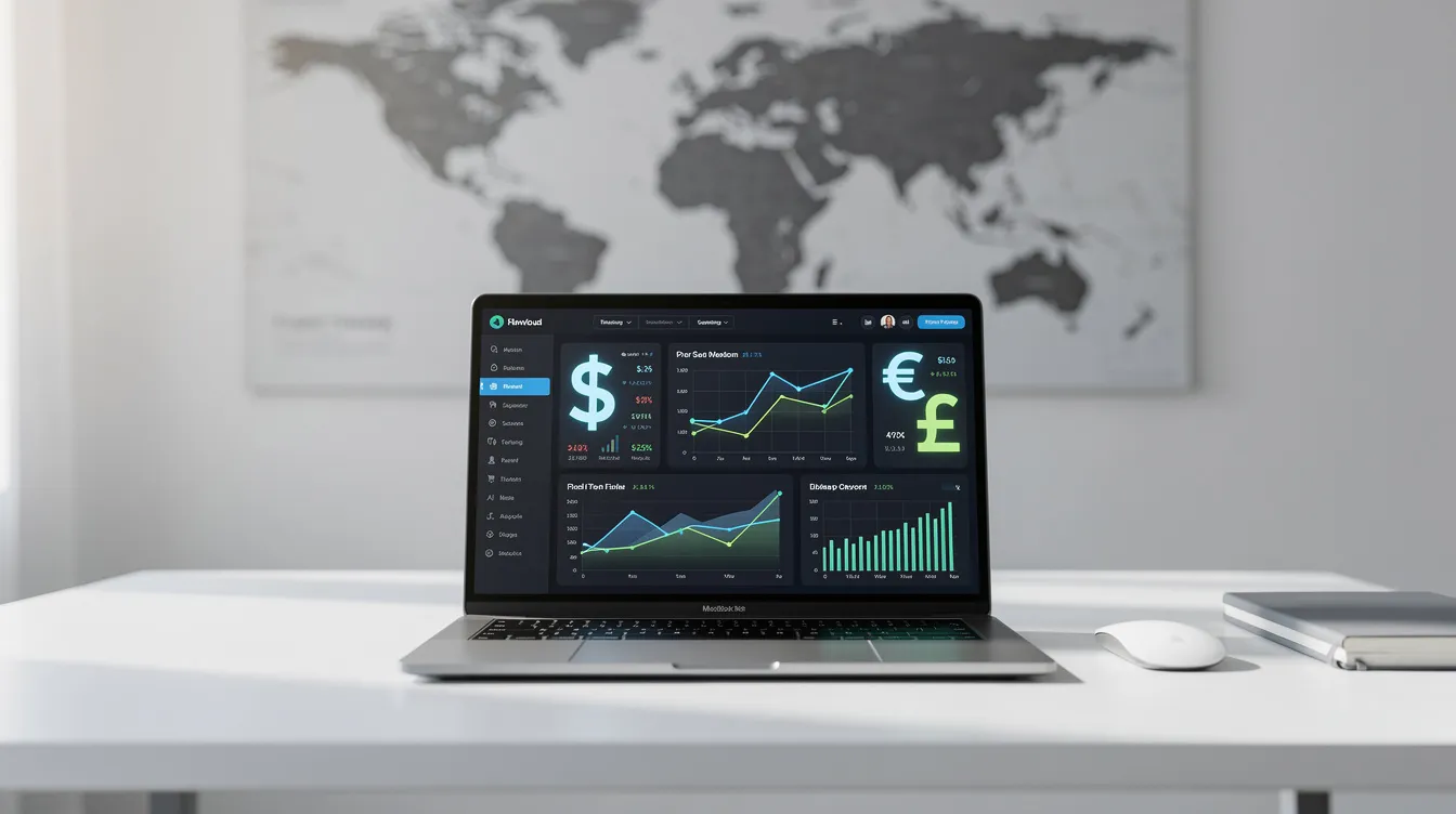 The image features a sleek laptop on a tidy desk, displaying a financial dashboard filled with various currency symbols and a world map in the background, emphasizing the theme of international money transfers. This visual representation highlights the ease and security of transferring money globally, showcasing services like those offered by ICICI Bank for quick and competitive exchange rates.