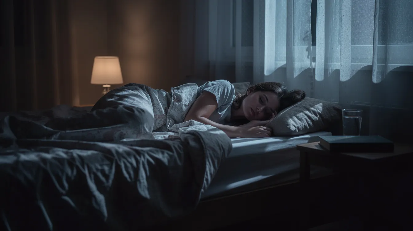 The image depicts a person sleeping peacefully in a dimly lit bedroom, with soft moonlight filtering through the curtains, creating a serene atmosphere that promotes better sleep quality. This tranquil scene highlights the importance of a calm environment for restful sleep, especially for those affected by sleep disorders or alcohol&rsquo;s interference with sleep patterns.