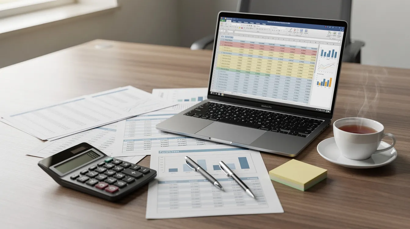 The image depicts an office desk cluttered with financial documents, a calculator, and a laptop displaying spreadsheets, alongside a cup of tea, illustrating the meticulous planning involved in managing project costs for a proposed hotel project. This setup symbolizes the essential financial analysis and budgeting necessary for success in the hospitality sector.