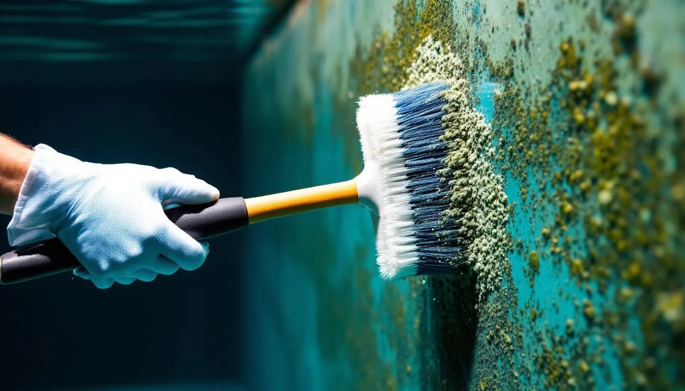 A pool brush is being used to scrub dead algae from the wall of a swimming pool underwater, where the pool water has a light green tint due to algae growth. The scene captures the effort of a pool owner maintaining their pool's surfaces to ensure clean and clear water.