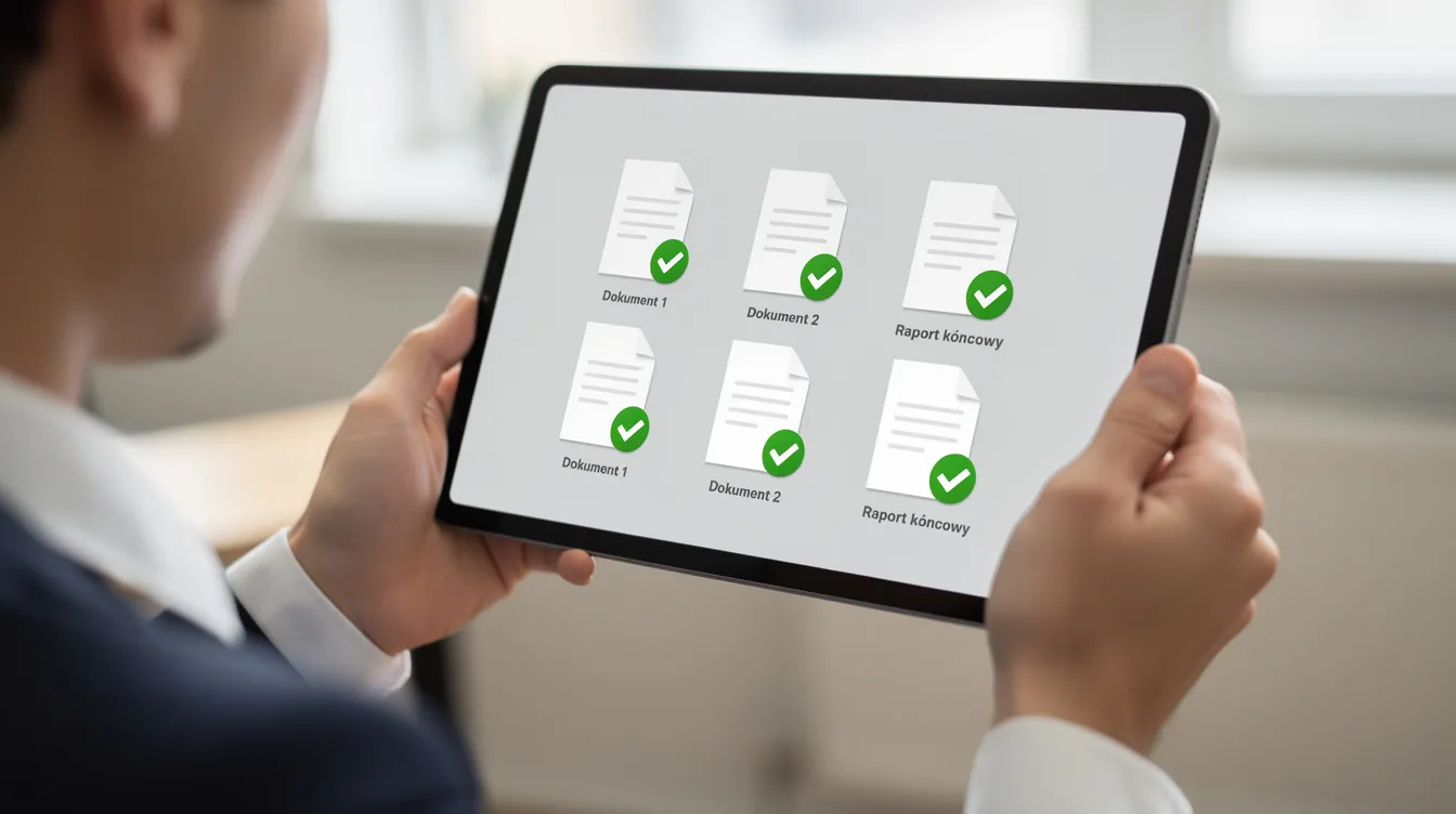 Na obrazku widoczna jest osoba korzystająca z tabletu, na ekranie którego znajdują się ikony dokumentów z zielonymi znacznikami akceptacji, co sugeruje automatyzację obiegu dokumentów w firmie. Taki system elektronicznego obiegu dokumentów ułatwia zarządzanie dokumentami i przyspiesza procesy biznesowe.