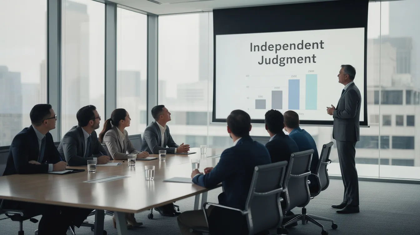 The image depicts a person standing apart from a group gathered around a conference table, symbolizing the role of independent directors in corporate governance. This individual represents the importance of independent judgment and oversight in board discussions, emphasizing the need for independent board members to challenge management and ensure effective decision-making.