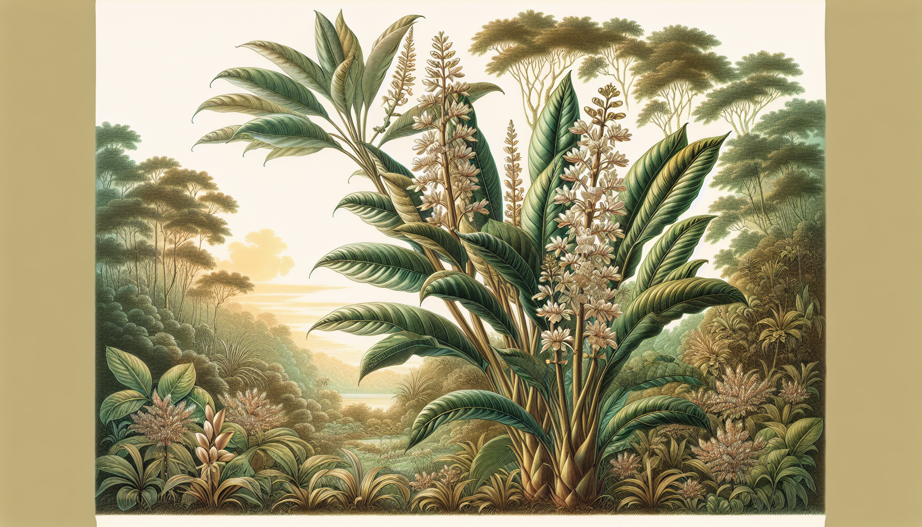 Illustration of a medium sized slender shrub traditional Southeast Asian Tongkat Ali Eurycoma Longifolia Jack plant with long compound leaf