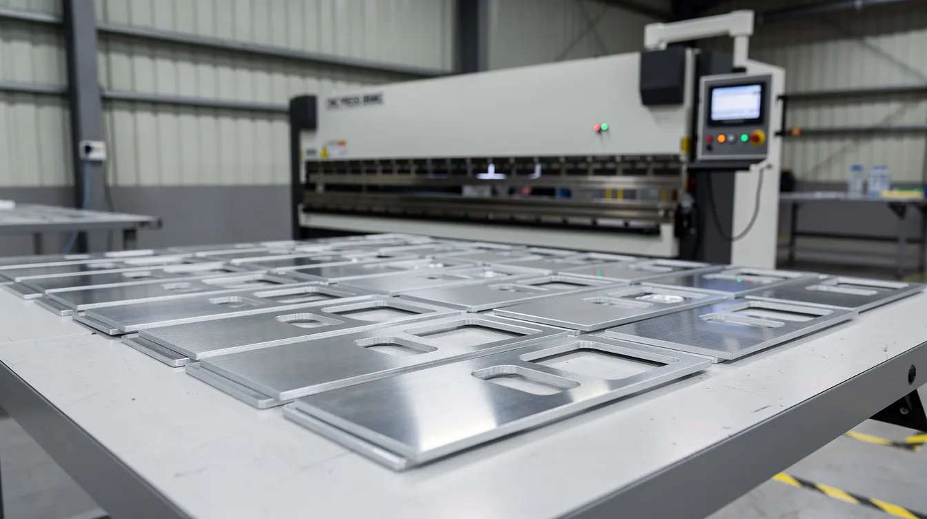 The image shows a factory worktable with neatly arranged laser-cut flat metal blanks, prepared for the bending process, while a CNC press brake is visible in the background, indicating the equipment used for bending metal with precision. The scene highlights the importance of tooling requirements and material properties in achieving desired bend angles and consistent results in metal bending operations.