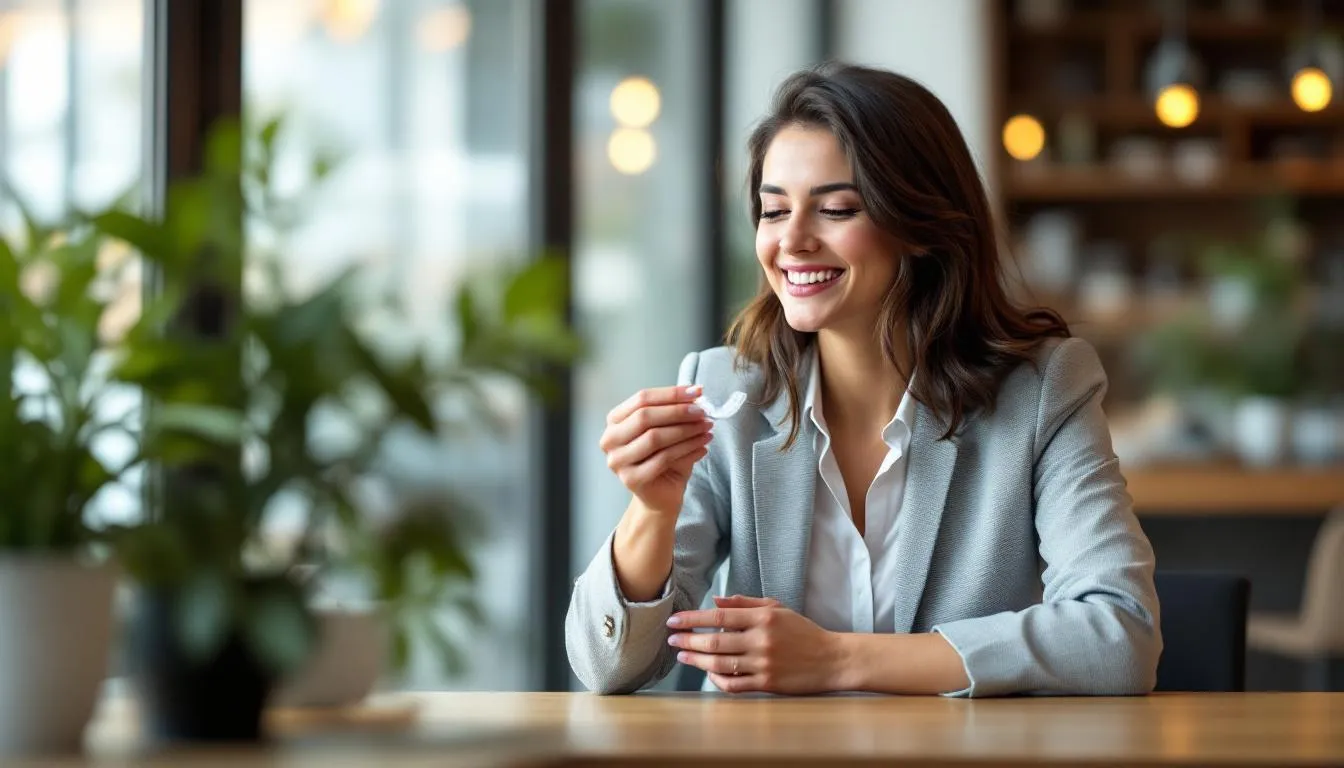 A professional woman is seen removing her clear aligners during her lunch break, showcasing her commitment to maintaining good oral health while balancing her busy schedule. This moment highlights the transformative power of cosmetic dentistry treatments, such as clear aligners, that can help boost confidence and achieve a beautiful smile.