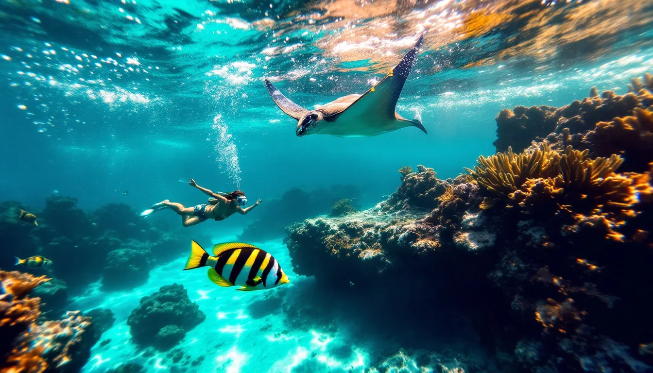 An underwater view showcasing unique marine life in Bora Bora, highlighting the adventure of snorkeling and scuba diving in this beautiful island's lagoon.