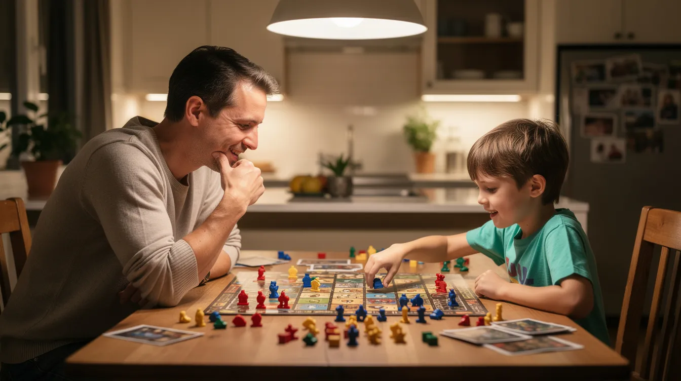 A parent and child sit together at a kitchen table, engaged in a strategy board game filled with colorful pieces, fostering critical thinking and problem-solving skills while enjoying quality time during the holiday season. This moment of fun not only strengthens their bond but also promotes learning and creativity in a relaxed environment.