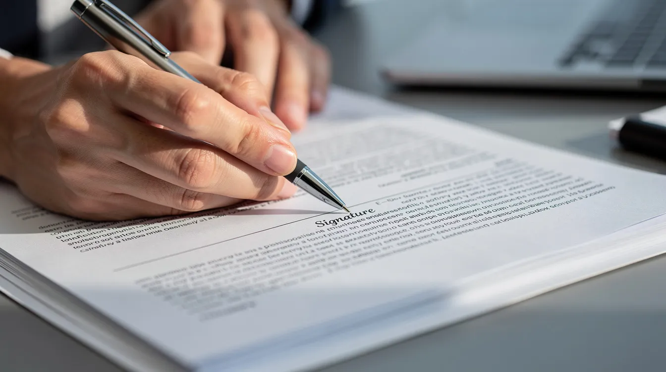 A close-up image shows hands poised to sign a multi-page financial contract with a pen, indicating an important step in the loan application process. The document likely pertains to a financial agreement involving terms such as interest rates and repayment periods, essential for securing a private loan or cash advance.