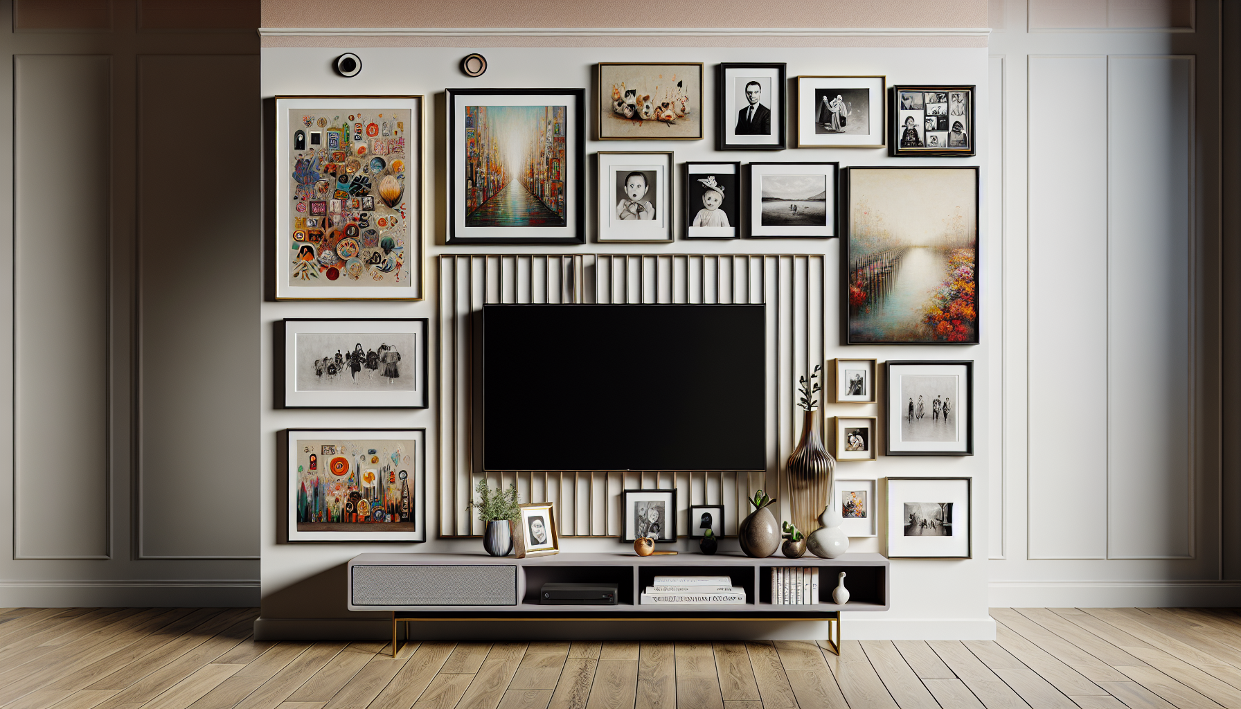 A gallery wall concept showcasing artwork and photos in a living space.