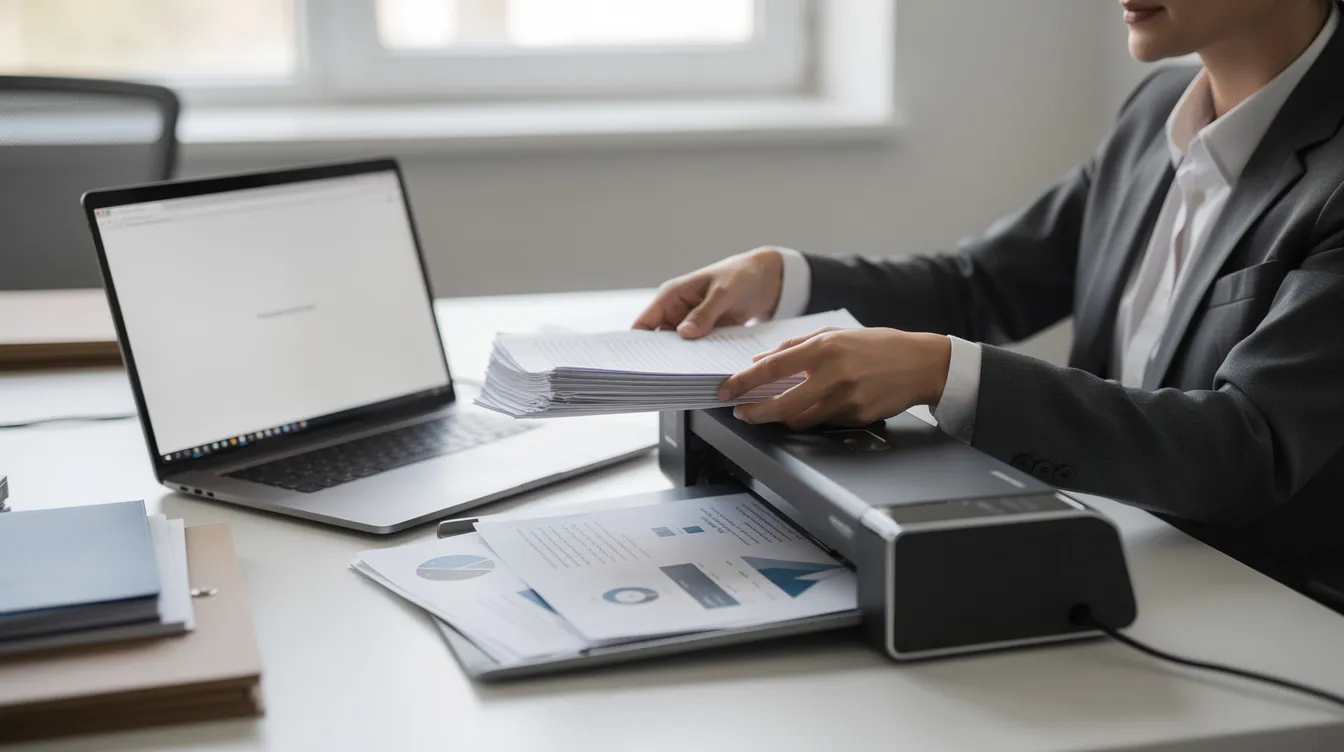 A person is scanning business documents using a scanner beside a laptop, which likely incorporates OCR technology for efficient document processing and text extraction. The scene suggests a focus on managing and converting documents for professional translation services, enabling seamless communication across multiple languages.
