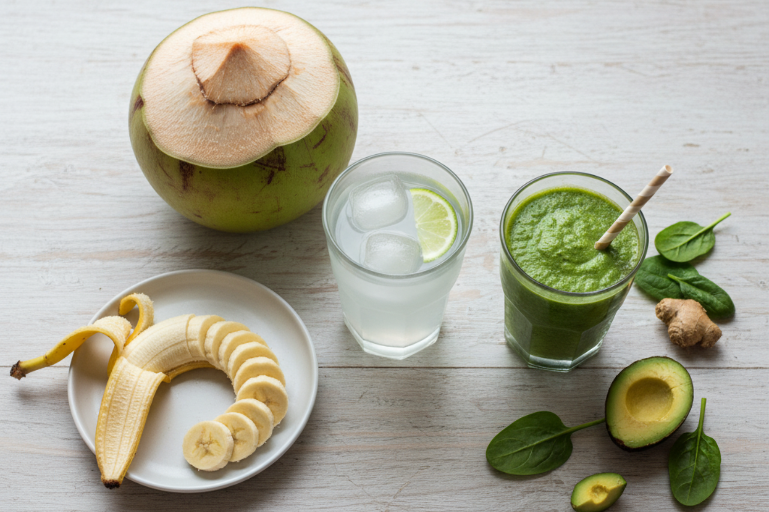 Flatlay of natural sources of electrolytes.