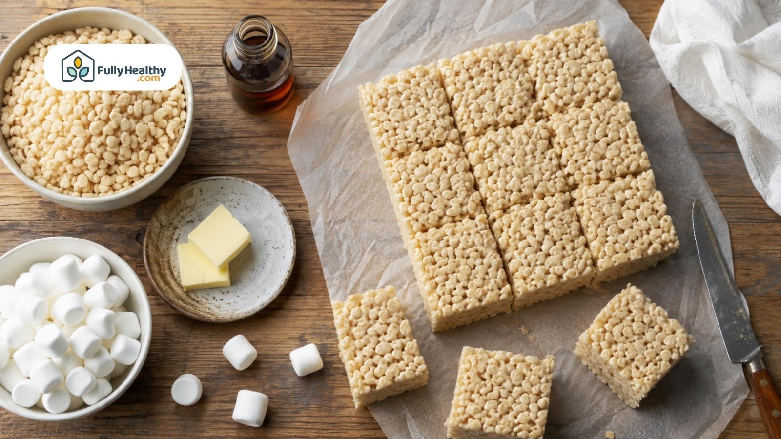 Homemade rice crispy treats with cereal, marshmallows, butter, and vanilla on wooden table