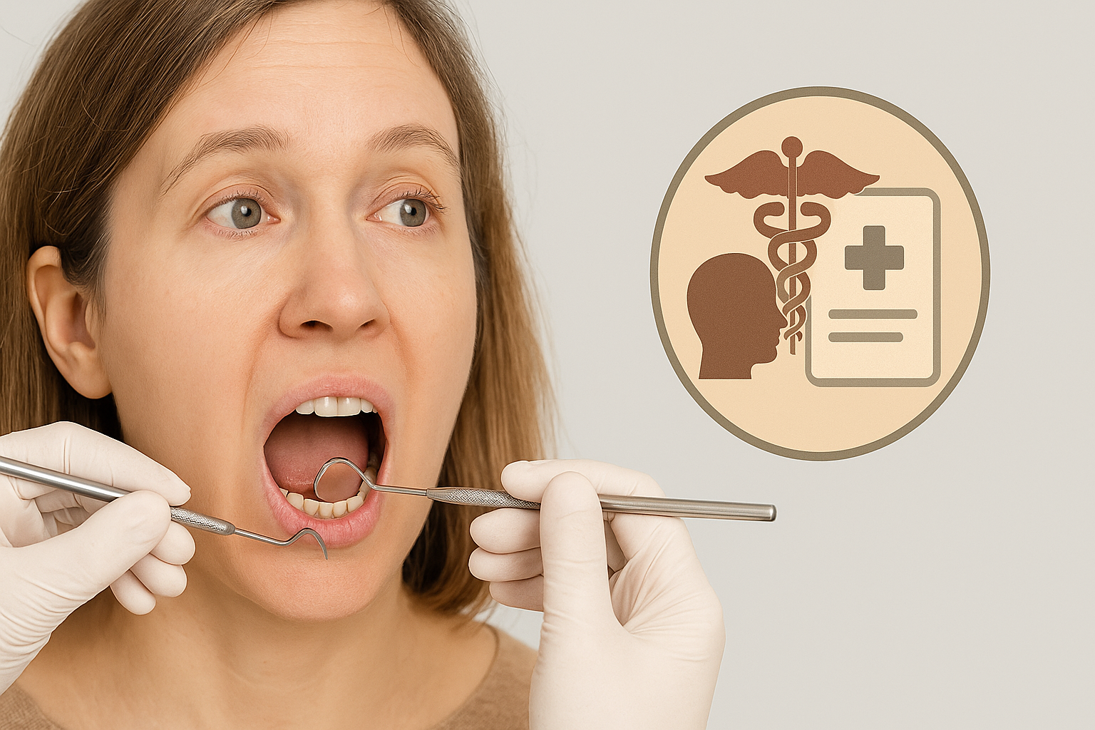 Kvinne under tannundersøkelse med medisinsk symbol ved siden av, viser mulig sammenheng mellom diagnoser og rett til gratis tannlege. 