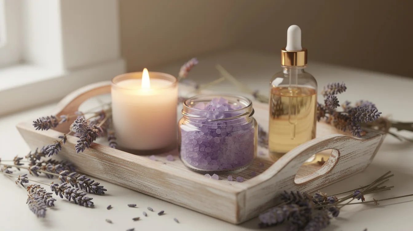 The image features a beautifully arranged wooden tray filled with lavender spa products, including purple bath salts, a scented candle, and body oil, complemented by delicate dried lavender sprigs. This serene setup makes for a perfect Mother's Day gift basket, ideal for pampering mom and creating an unforgettable moment of relaxation.