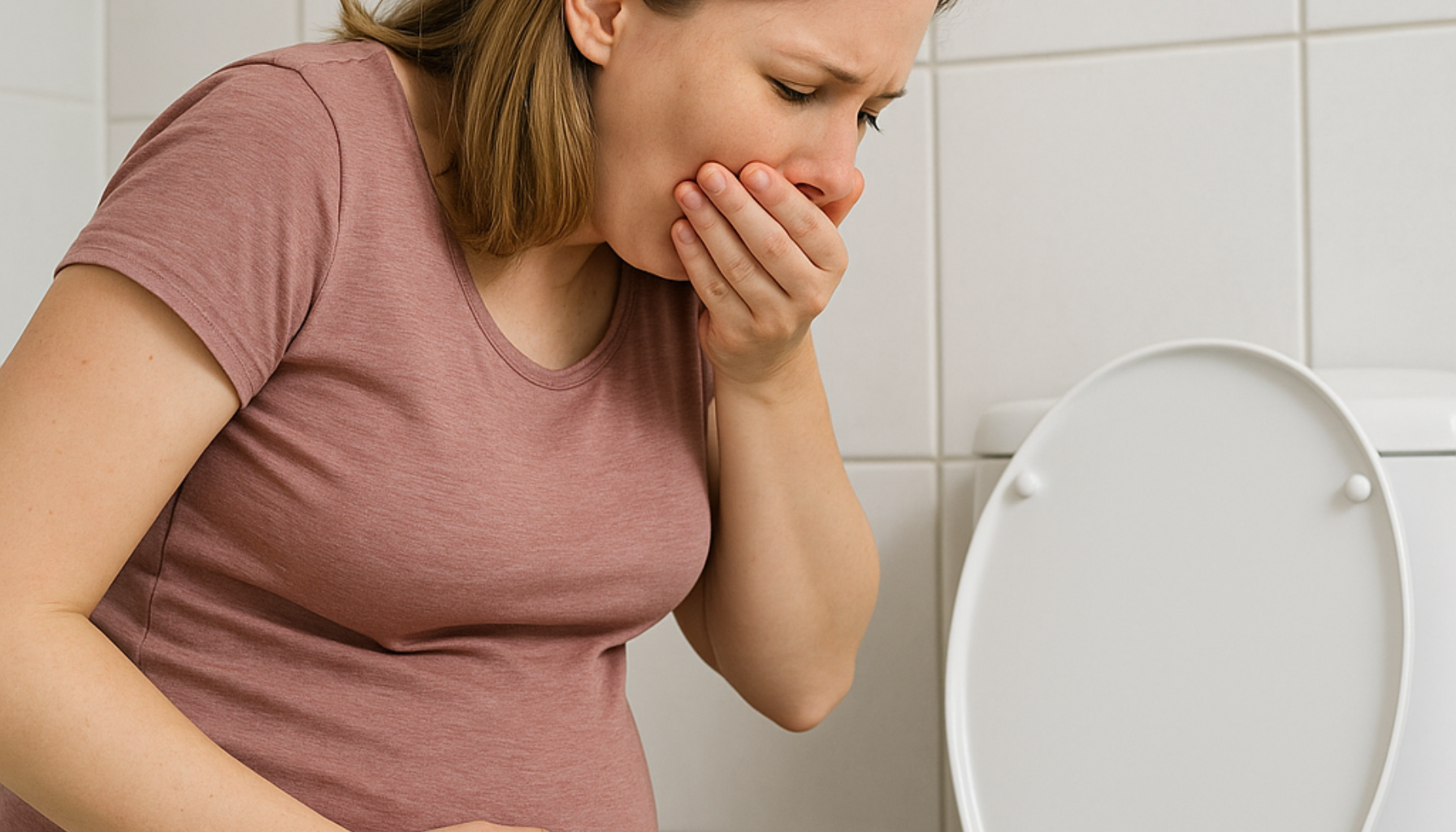 Kvalme gravid – Derfor føler du deg uvel (og hva som faktisk hjelper) 10 Gravid kvinne som holder seg kvalm foran toalettet i baderom, med hånden på magen og uttrykk av ubehag i ansiktet.