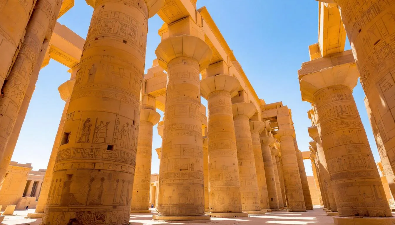 Imagem do Templo de Karnak, destacando suas enormes colunas repletas de hieróglifos, representando a grandiosidade do Egito Antigo. O templo é um dos principais pontos turísticos de Luxor e um importante testemunho da história egípcia.